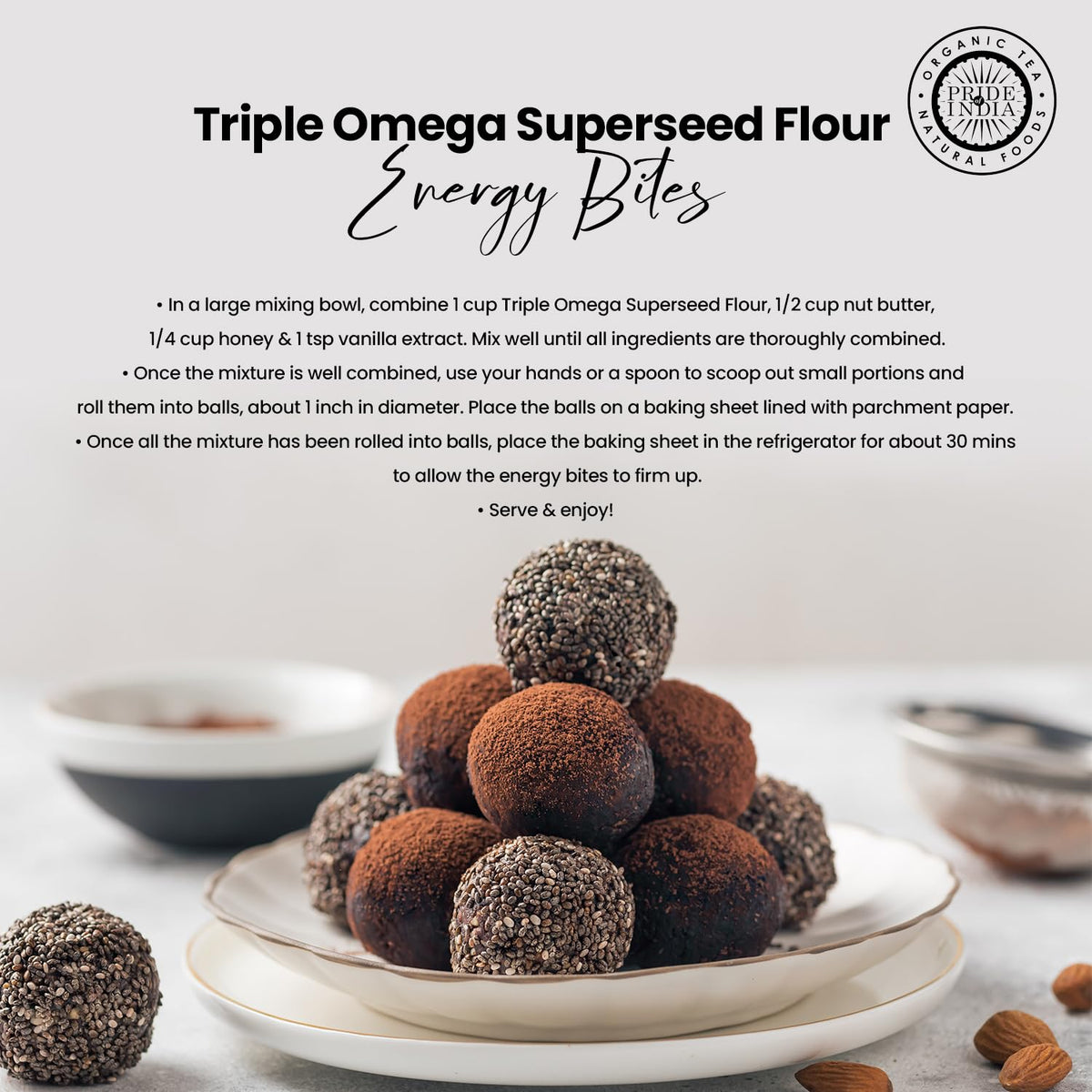 Pride of India- Triple Omega Superseed Flour 1 lbs (454 gm) Nutty Earthy Taste Milled in Small Batches | Chia Flax Sesame Seed mix | Ideal for Muffins Smoothies Oatmeal Pudding | Vegan, Gluten-Free