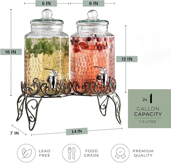 Classic Hammered Glass Beverage Dispenser with Elegant Stand (Set of 2), 1 Gallon Glass Drink Dispenser with Stand & Spigot, Party Drink Dispensers for Lemonade, Punch, Water, Juice