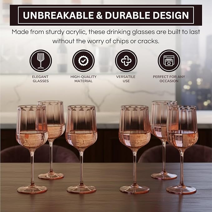 Khen Acrylic Lucia Stemmed Goblets - Unbreakable Wine Glasses Reusable Drinking Cups Dishwasher Safe Elegant Stemware for Cocktail Champagne | Kitchen Bar Party | Set of 6 |14oz | Pink