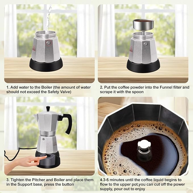Electric Aluminum Moka Pot 5-6 Cup 270ml Espresso Maker with Detachable Base Ideal Coffee Makers for Home MochaPot Italian and Cuban Café Coffeemaker Espressomaker CoffeePot Silver