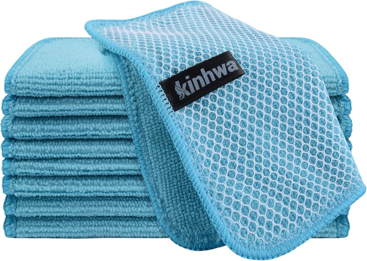 KinHwa Kitchen Washcloths for Dishes Absorbent Microfiber Dish Cloths Quick Dry Dish Rags with Poly Scour Scrub Side Ideal for Kitchen Cleaning (Blue, 7inchx7inch 9 Pack)