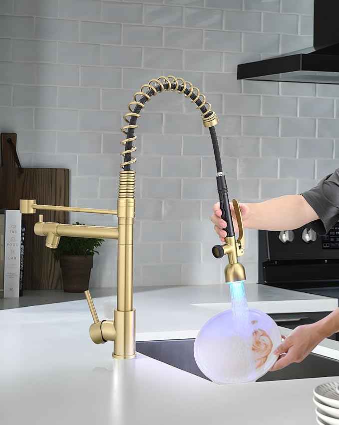 Fapully Single Handle High Arc Brushed Gold Pull Down Kitchen Faucet LED,Single Level Kitchen Sink Faucets with Pull Down Sprayer