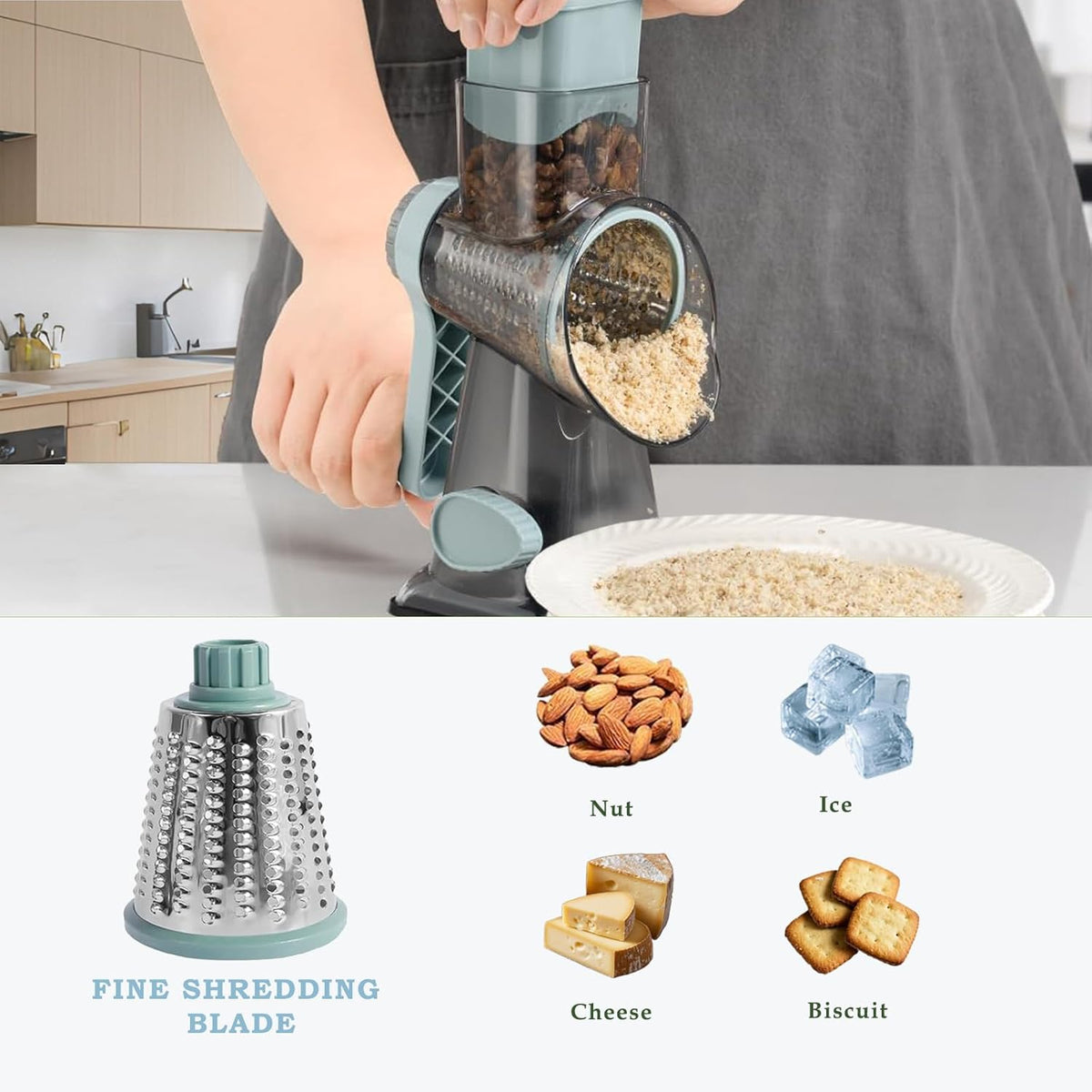 Rotary Cheese Grater, FOVXYVO Cheese Shredder with Strong Suction Base,Cheese Grater with Hand Crank for Kitchen for Cheese,Vegetables,Nuts,Chocolate,3 Changeable Blades