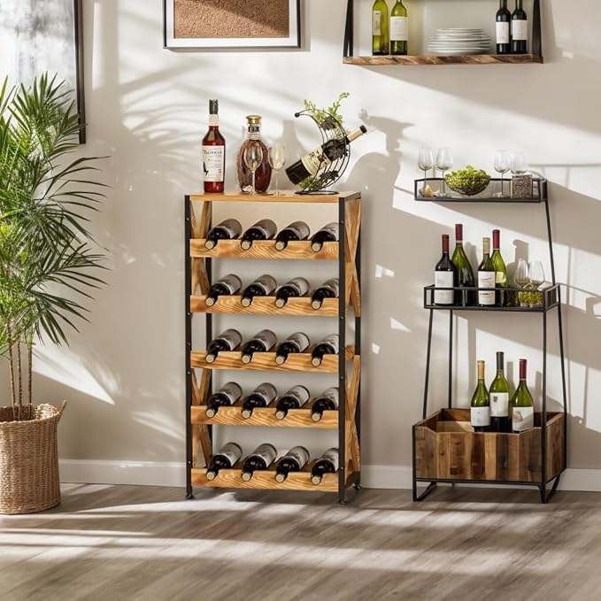 20 Bottle Wine Rack Freestanding Floor with Wood Top,Wobble-Free 5 Tier Wine Display Storage Stand Shelf,Stackable Modular Wine Bottle Holder Rack for Kitchen,Cellar,Living Room