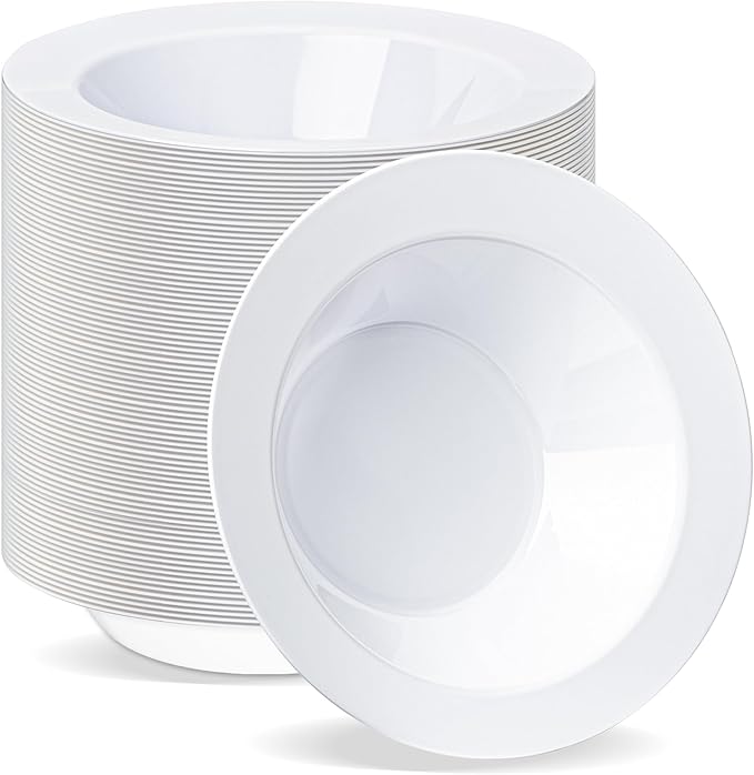 BESTVIP 100 Pack White Plastic Bowls, 12 oz Disposable Soup Bowls, Heavy-duty Dessert Salad Bowl for Christmas, Thanksgiving, Party, Wedding, Dinner, Catering