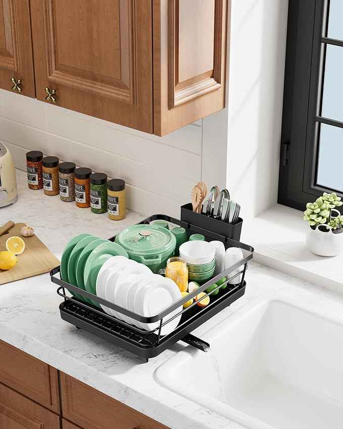 Kitsure Dish Drying Rack for Kitchen Counter, Stainless Steel Sink Organization and Storage Essentials with Cutlery Holder, Home and Appartment Decor, 12''W x 15.5''L, Black