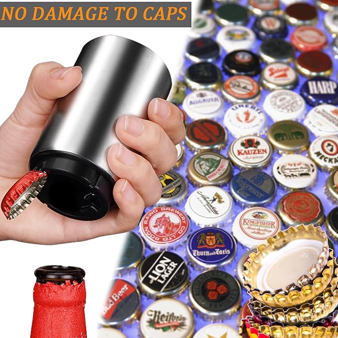 3 Pieces Automatic Magnetic Beer Bottle Opener(Stainless Steel), Portable Pop the Top Wine Bottle Cap Catcher, Quick Open, No Damage Push Down Bartender Tools for Bar, Home, Kitchen, Party, Restaurant