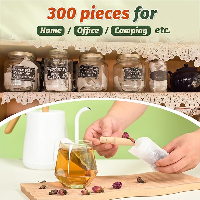 300Pcs Disposable Tea Bags for Loose Leaf Tea, Empty Tea Filter Bags with Cotton Drawstring, Fillable Tea Infuser Sachets for Loose Tea, Coffee, Herb, Spice and More (3.54"x 2.75")
