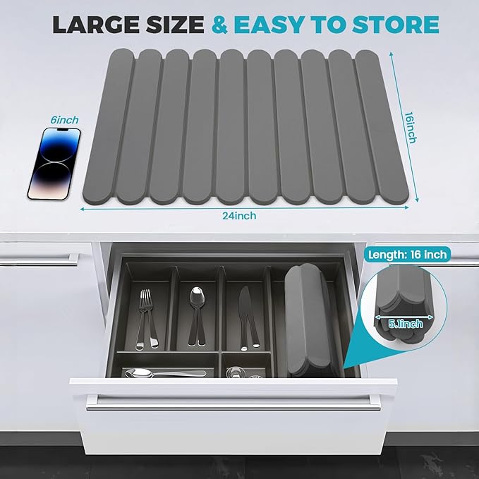 Extral Large Quick Dry Stone Drying Mat for Kitchen Counter,24"(L)x16"(W) Collapsible Eco-Friendly Absorbent Diatomaceous Earth Mat for Dishes Cups,Dish Drying Mats (Medium gray-Ellipse, 24x16 inch)