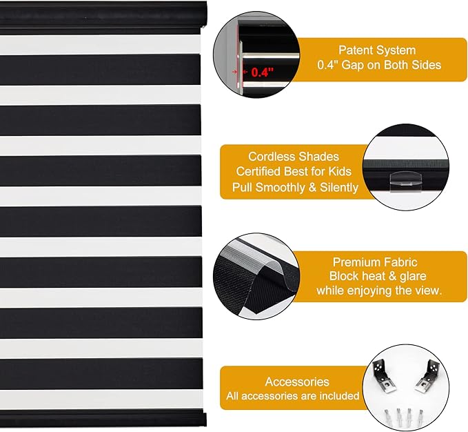 Persilux Cordless Zebra Blinds for Windows Free-Stop Roller Windows Shades (34" W X 47" H, Black) Dual Layer Light Control for Day and Night, Light Filtering Sheer Shades for Home, Easy to Install
