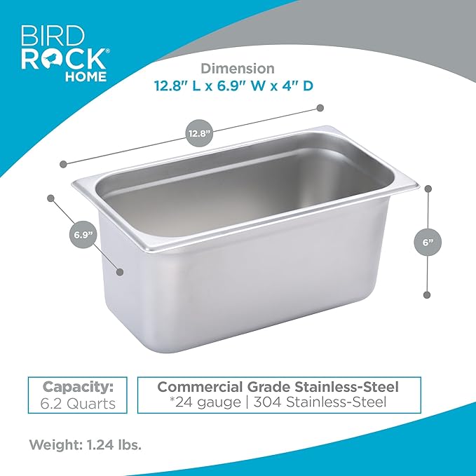 BIRDROCK HOME Stainless Steel Steam Table Pan - Hotel, Restaurant & Catering Supplies - 24 Gauge Steel, 6.2 qt Capacity - Meal Prep, Cooking, &Food Storage Container - 6" Depth, 1/3-Size (6 Pack)