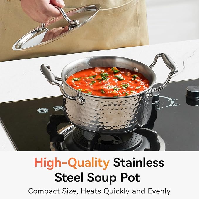 WANGYUANJI 1.8-Quart Stainless Steel Stock Pot with Lid, Small Soup/Sauce Pot, Tri-Ply Bottom, Induction Compatible, Dishwasher Safe, Hammered Finish