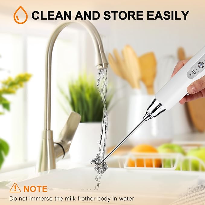 YUSWKO White Handheld Milk Frother Wand for Coffee, Rechargeable Electric Whisk with 3 Heads 3 Speeds Drink Mixer Coffee Frother For Latte, Cappuccino, Hot Chocolate, Egg
