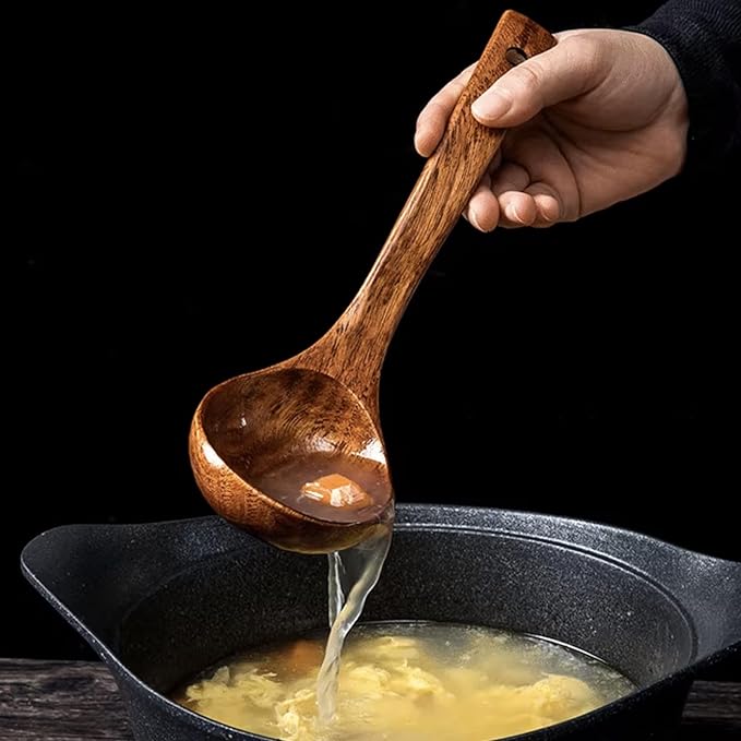 FJNATINH Wooden Soup Ladle with Long Handle Handmade Wooden Spoons for Cooking Kitchen Cookware Utensil