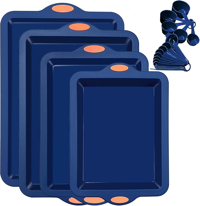 To encounter Silicone Baking Pans Set, 4 Pieces Nonstick Bakeware Set with Baking Pans, Baking Sheets, Cookie Sheets, Cake Pan with Grips and Metal Reinforced Frame More Strength, Navy Blue