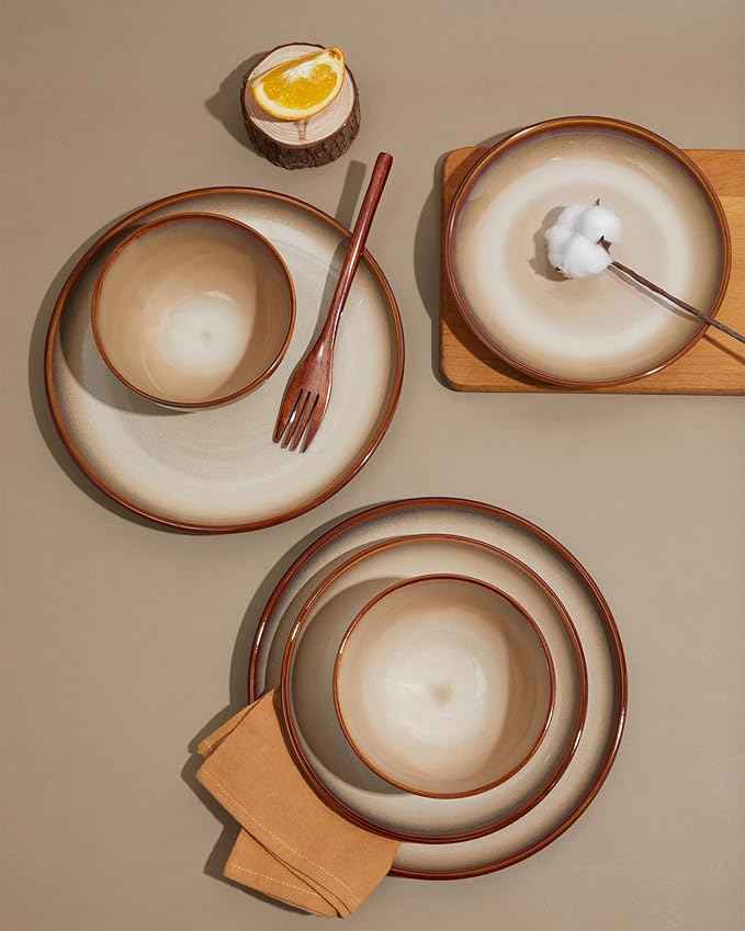 Ceramic Dinnerware Sets for 6, 18 Pieces Stoneware Plates and Bowls Sets, Chip and Crack Resistant Dishes, Dishwasher & Microwave Safe Dishware Sets, Brown Yellow