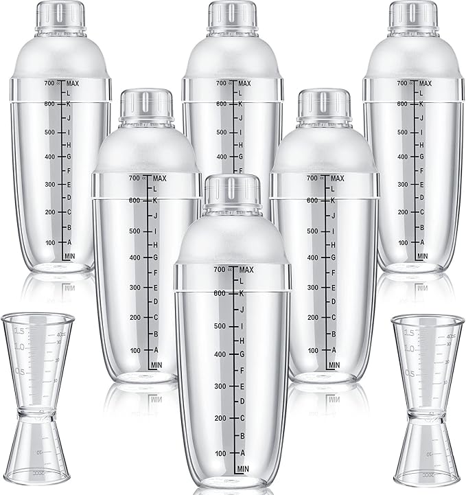 8 Pcs Plastic Cocktail Shaker Set 6 Pcs 24 oz Drink Shaker 2 Pcs Double Measuring Jigger Clear Plastic Bottle Tea Drink Mixer Cocktail Measuring Cup for Kitchen Bar Party Tools