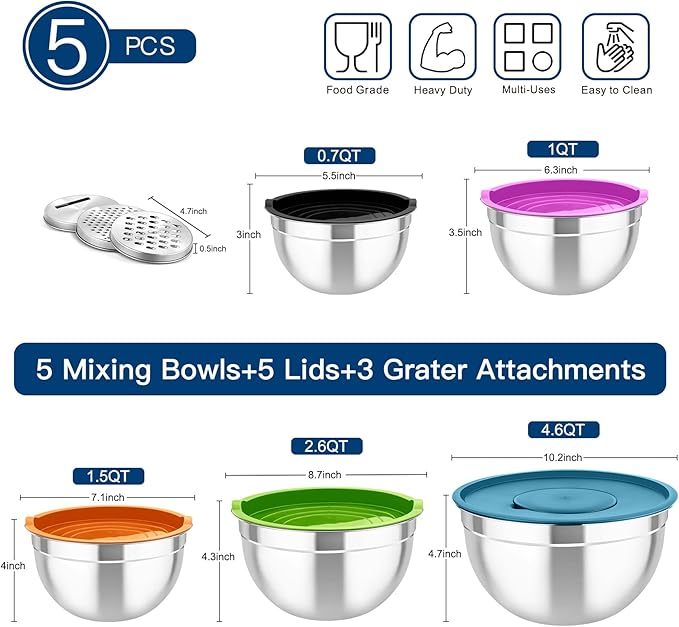 TeamFar Mixing Bowls with Lids, 5PCS Stainless Steel Metal Salad Bowl with 3 Grater Attachments, for Cooking, Prepping, Serving, Healthy, Airtight Lids & Easy Clean - 0.7/1 / 1.5/2.6/4.6QT