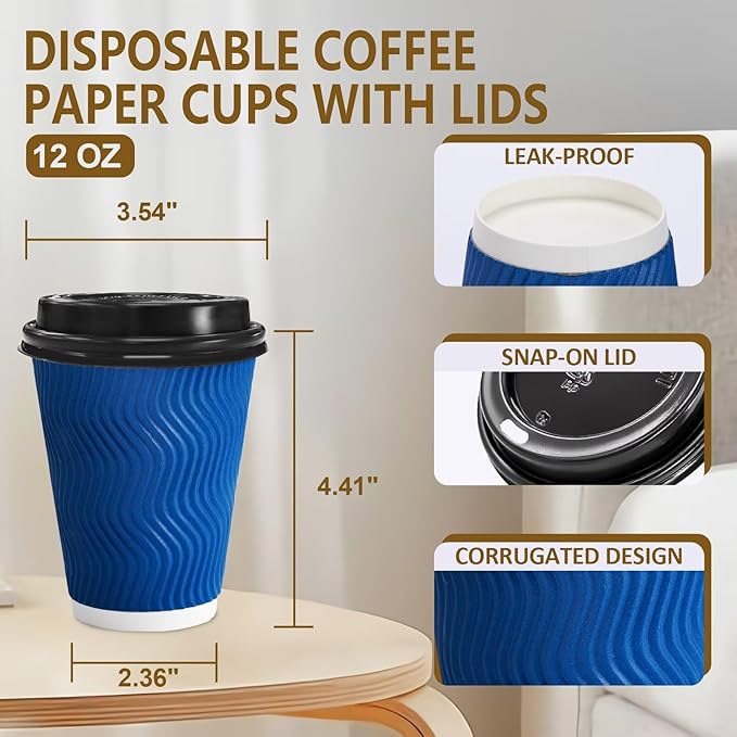 100 Pack Coffee Cups with Lids 12oz, Disposable Insulated Ripple Wall To Go Paper Coffee Cups for Hot/Cold Drinks Office Home Shop Event (Navy)