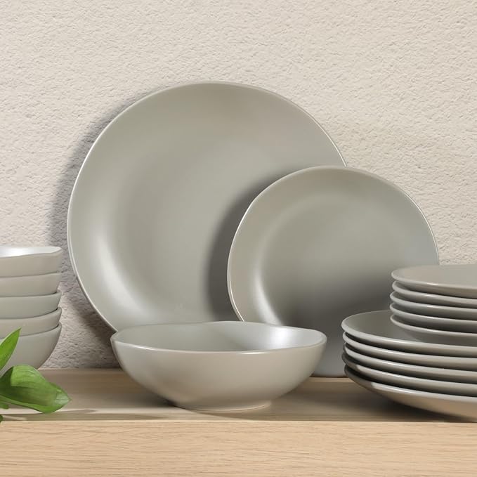 Gibson Home Bethel 18 Piece Plates and Bowls Ceramic Stoneware Organic Shape Dinnerware Set (Service for 6) - Matte Grey
