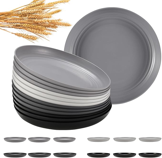 12 Pcs Unbreakable Deep Dinner Plates Set, 9 inch Reusable Plastic Wheat Straw Plates, Microwave and Dishwasher Safe Plate for Kitchen, Lightweight Plate for Dessert, BPA Free, 4 Colors