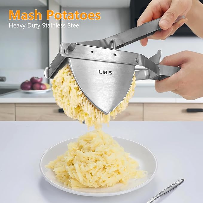 LHS Stainless Steel Potato Ricer and Masher, Heavy Duty Commercial Food Masher, Ergonomic Comfort Grip, Extra Large Capacity, Dishwasher Safe (Grey)