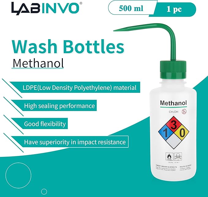 Self-Venting Safety Wash Bottles(Methanol), Pack of 1, With Chemical Name,.Vol.500Ml,Ldpe Material,Cap In Green Color.IN-WBM501