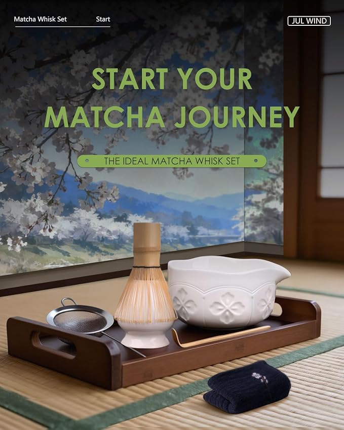 Matcha Whisk Set, Ceramic Matcha Set Includes Matcha Bowl with Spout, Matcha Whisk and Holder, Bamboo Scoop, Sifter and Tea Towel - 6 Pcs Matcha Kit Gift for Matcha Lovers Beginners (White)
