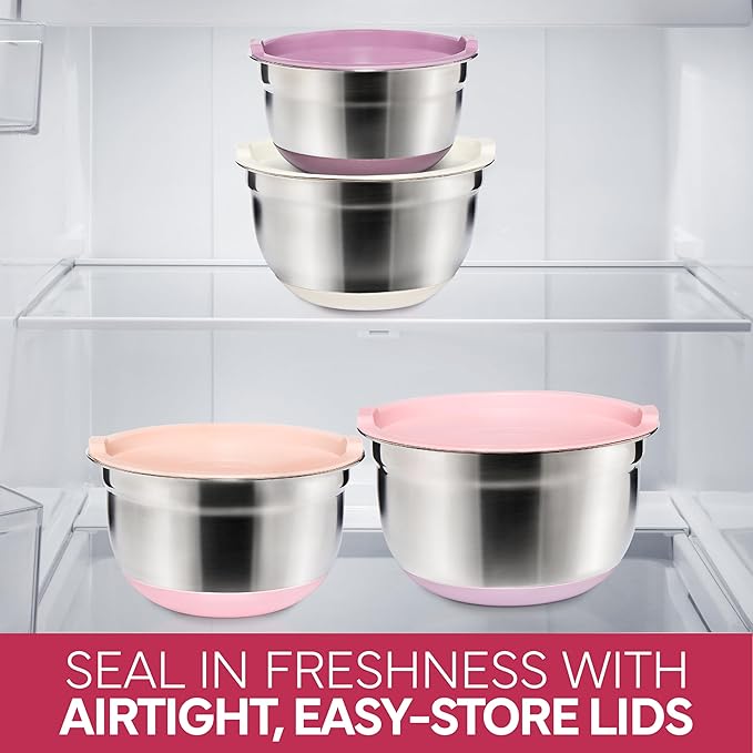 COOK WITH COLOR Stainless Steel Mixing Bowls Set with Lids - Nesting Bowls with Non-Slip Bottom, Rose, 12 Pieces