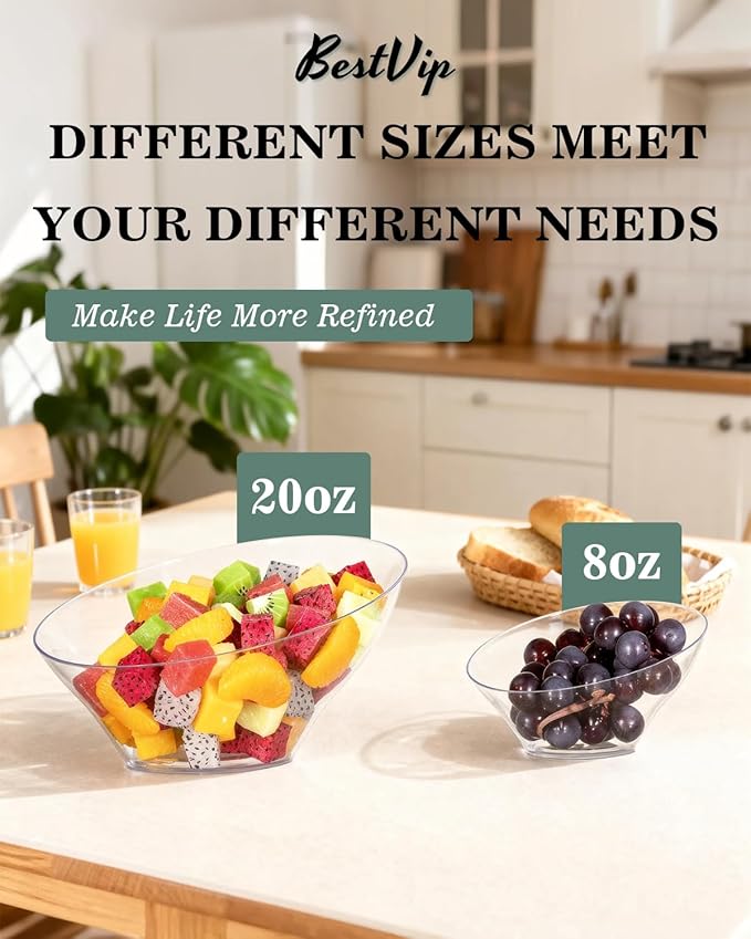 BESTVIP 8oz Clear Plastic Serving Bowls for Party - 12 Pack Angled Disposable Serving Bowls, Party for Chips, Snacks, Fruit, Salad - Bowls for Parties, Daily Use, Catering, Christmas