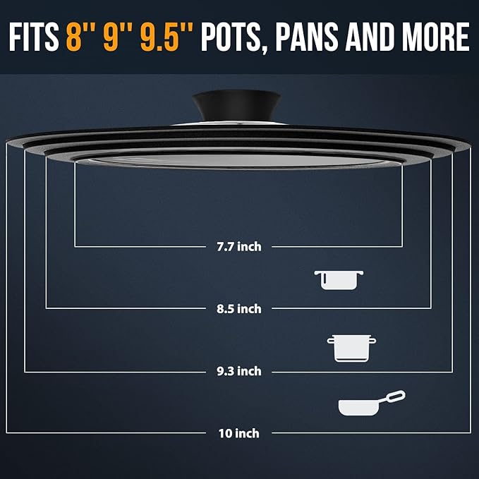 Universal Lid for Pots, Pans and Skillets - Walfos Tempered Glass Pan Lid with Heat Resistant Silicone Rim, Multi-Sizes BPA Free Pot Lids Fits 8", 9" and 9.5" Diameter Cookware, Dishwasher-Safe, Black