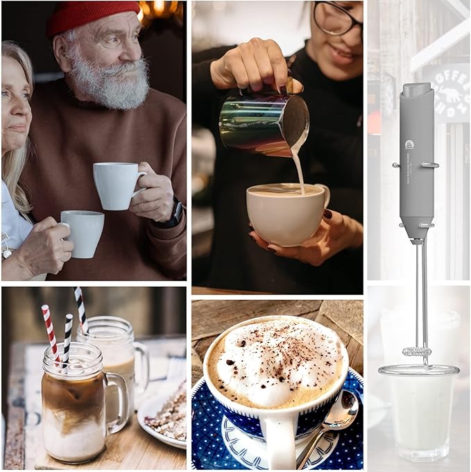Powerful Milk Frother Handheld Foam Maker, Mini Whisk Drink Mixer for Coffee, Cappuccino, Latte, Matcha, Hot Chocolate, With Stand, Grey