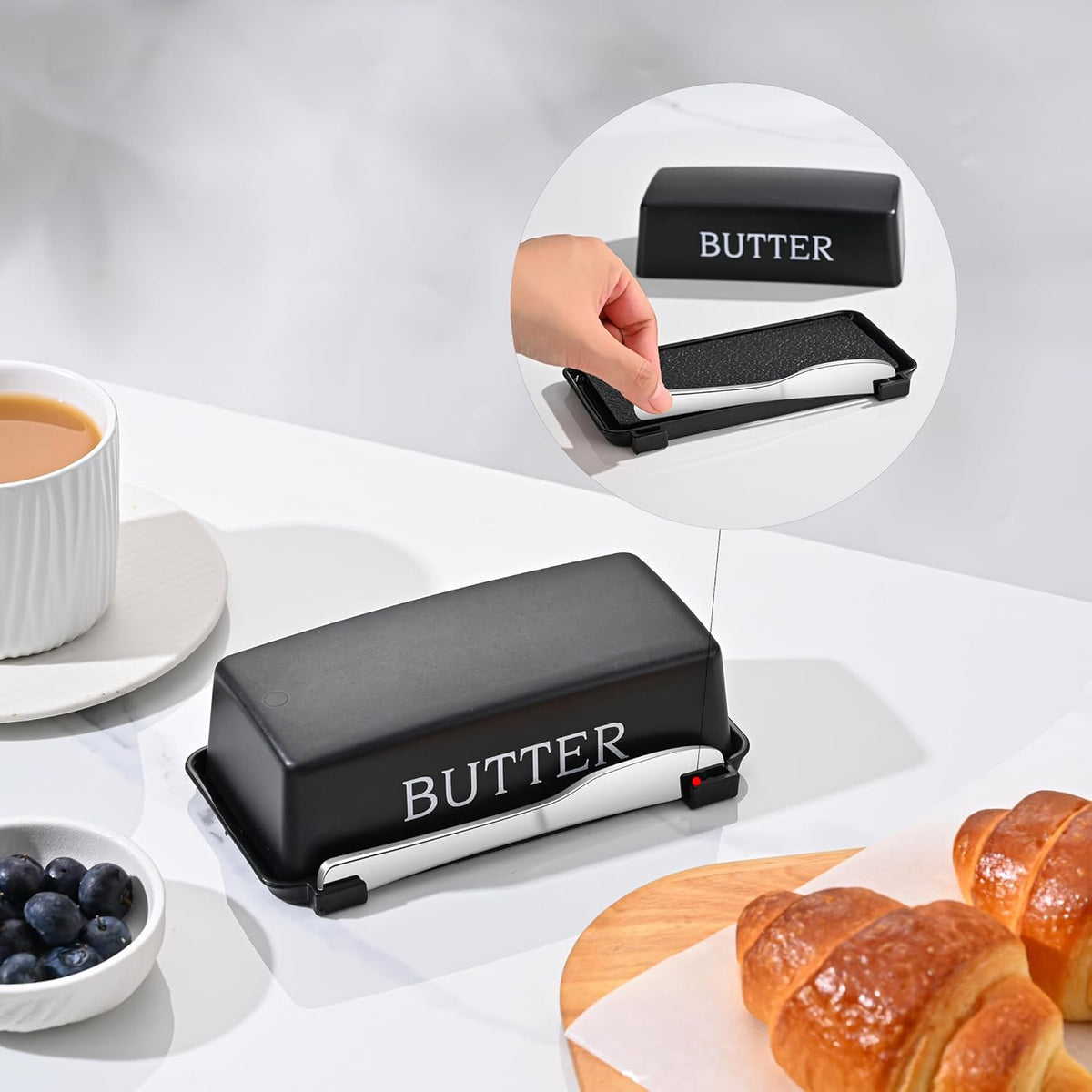 Butter Dish With Cover And Knife,Food Grade Plastic Butter Holder With Lid For Countertop,Black Dishwasher Safe Butter Storage Container