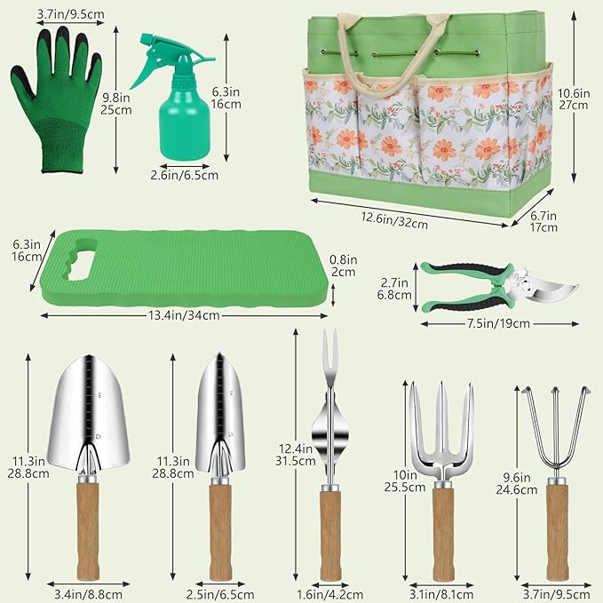 Gardening Tools 10-Piece Heavy Duty Stainless Steel Hand Tools with Durable Garden Tools Storage Tote,Rust-Proof Garden Tool Set, Ideal Gardening Gifts for Women Yellow Floral Pattern Design