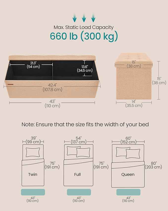SONGMICS Mazie Collection - Storage Ottoman Bench, 43 Inches Folding Foot Rest Stool, End of Bed Bench, Easy Assembly, for Living Room, Bedroom, Entryway, Apricot Orange ULSF077O01