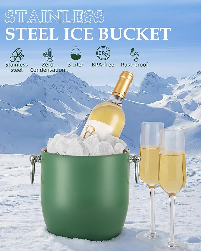 Insulated Ice Bucket, 3L Double Wall Stainless Steel Ice Bucket with Tongs,Lid, Scoop and Strainer, Ice Buckets for Parties,Cocktail Bars, Chilling Beer, Champagne, Wine Bottles，Green