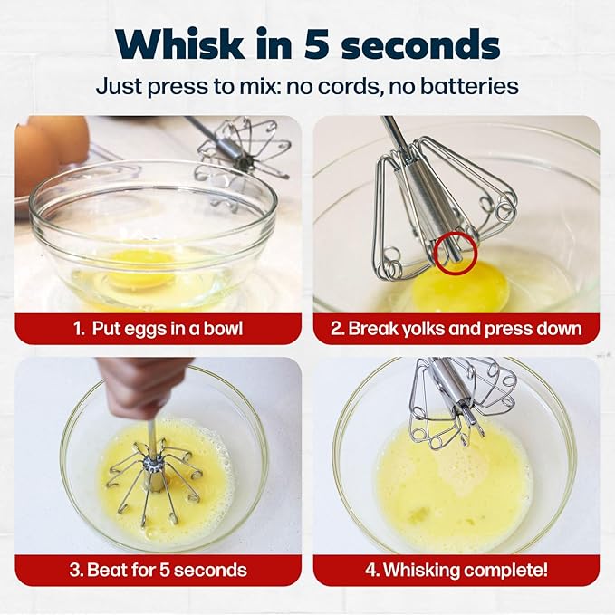 14 Inch Stainless Steel Hand Whisk - Durable & Easy to Use Push-Down Zip Whisker - Rotary Hand Mixer for Beating Eggs, Frothing Milk, Blending, Mixing, Whipping Smoothies & Shakes - Kitchen Tools