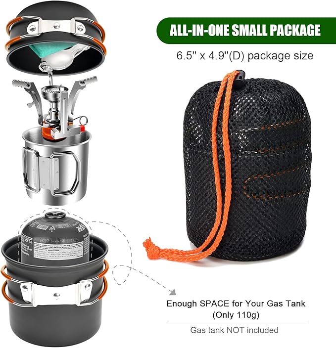 Odoland 8pcs Camping Cookware Mess Kit, Camping Pot and Pan Set with Mini Backpacking Stove, Stainless Steel Cup, Spork and Tank Bracket, Cooking Gear for Outdoor, Hiking, Picnic, Campfire