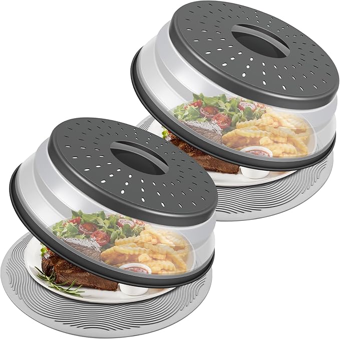 Pack 2, LekDrok Microwave Food Cover with Mat 10 Inch, Mat as Bowl Holder, Cover for Splatter Guard, Collapsible Lid for Plate, Multi-Use Silicone Mat & Kitchen Colander Gadget for Meal Prep, Charcoal