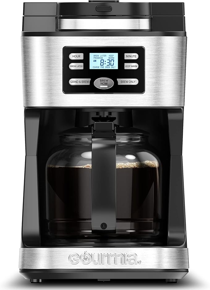 Gourmia Digital Coffee Machine 12Cup FullyAutomatic Large coffee maker integrated CoffeeGrinder,Pot,stainless steel mesh coffee filter 4Hr KeepWarm and Freshness Indicator GCM3180,Black and Silver