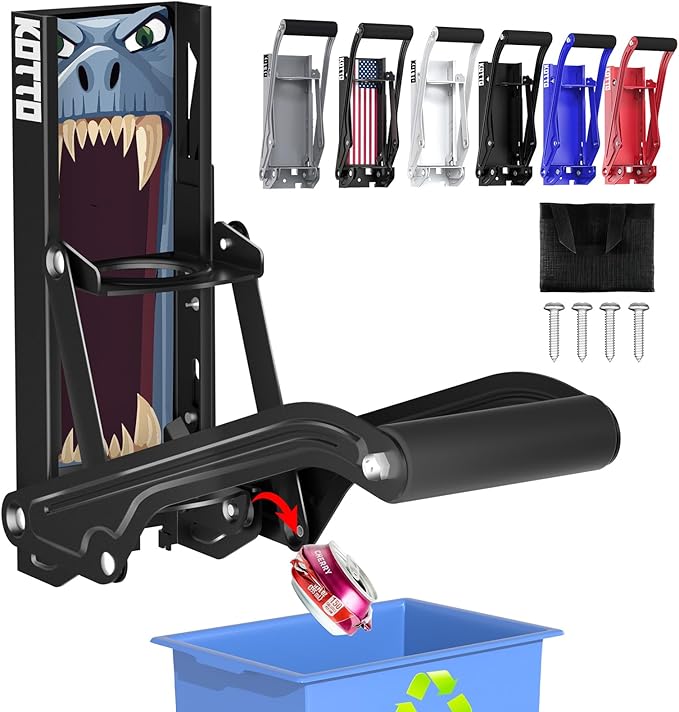 Can Crusher with Auto-Drop Recycling System | Built-In Bottle Opener | 8-16oz Capacity | Includes Kitchen Storage Bag | Heavy Duty Metal Design, Space-Saving & Hands-Free Operation- Halloween gifts