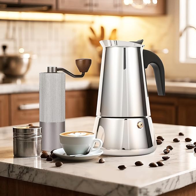Moka Pot, 6 Cups (10.6 oz) Stovetop Espresso Maker, 304 Stainless Steel Moka Pot, Induction Compatible, Silver