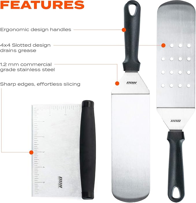 Flat Top Griddle Accessories Set for Blackstone and Camp Chef Griddle - 14 Pieces Set with Griddle Cleaning Kit & Carry Bag! Metal Spatula, Griddle Scraper, Egg Rings for Teppanyaki & Gas Grill