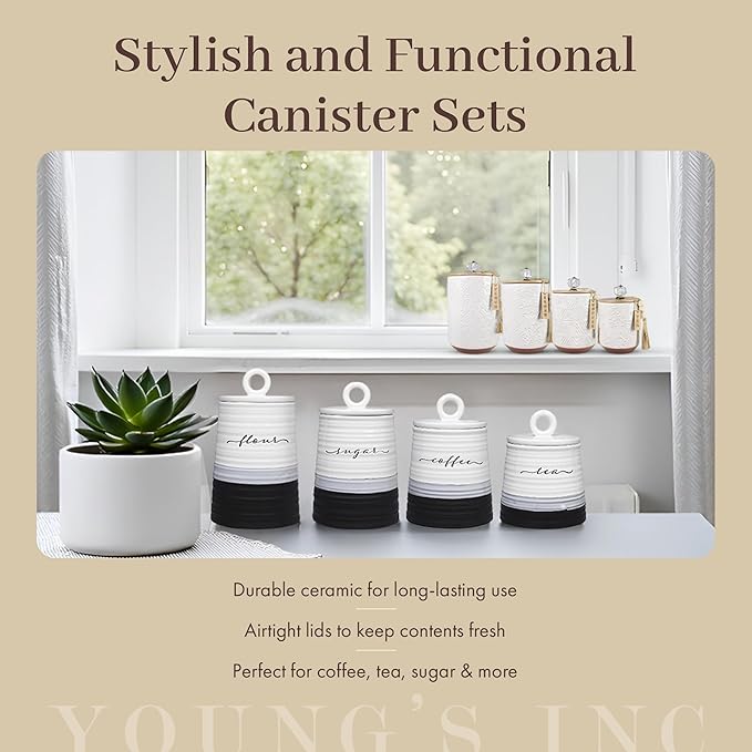 Young's Inc. 4 Pcs Set Casual Provincial Ceramic Canisters- Storage Container for Kitchen and Bathroom - Beautiful Home Decor Accent to Store Food, Coffee, Tea, and More - Green, White