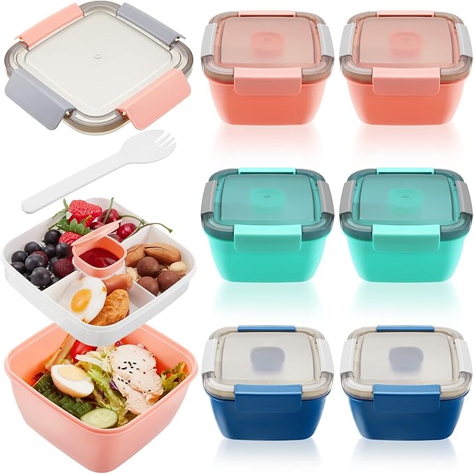 Tessco for you 6 Pcs Salad Lunch Container 50 oz Salad Container with 3 Compartment Reusable Bento Box for Adults Stackable Lunch Bowl for Meal Snack Fruit(Pink,Blue,Green)