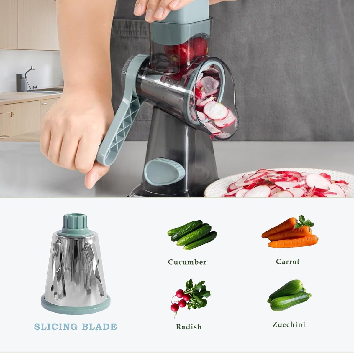 Rotary Cheese Grater, FOVXYVO Cheese Shredder with Strong Suction Base,Cheese Grater with Hand Crank for Kitchen for Cheese,Vegetables,Nuts,Chocolate,3 Changeable Blades