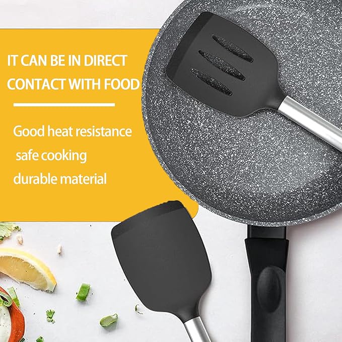 3Piece Silicone Spatula Set, Non Stick Slotted Kitchen Spatulas, High Heat Resistant BPA Free Cooking Utensils, Ideal Cookware for Fish, Eggs, Pancakes(black)