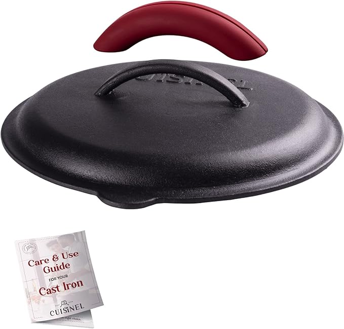 Cuisinel Cast Iron Lid - Fits 10"-Inch Lodge Skillet Frying Pans or Braiser + Silicone Handle Holder + Care Guide - 25.4-cm Pre-Seasoned Universal Replacement Cover - Indoor/Outdoor, Fire, BBQ Safe