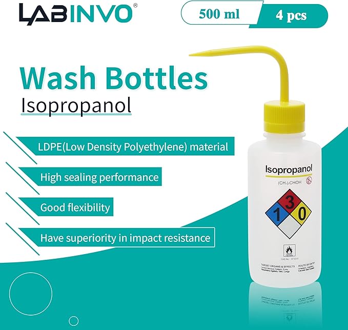 4pcs of Isopropanol Wash Bottles, Vol.500ml (17oz), Narrow Mouth, Self-Venting Safety Wash Bottles, LDPE Material, IN-WBI500