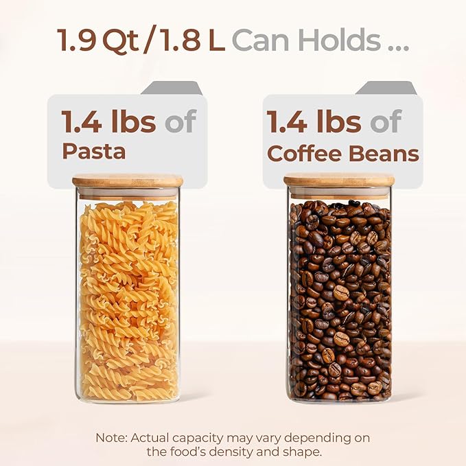 ComSaf 1.9 Qt Glass Storage Containers with Lids, Glass Jars with Lids, Clear Food Storage Jar, Square Canister Set of 3, Pantry Organizers and Storage for Flour Rice Pasta Tea Coffee Bean